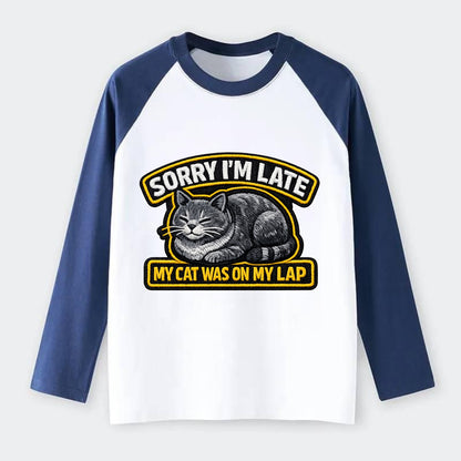 SORRY IM LATE MY CAT WAS ON MY LAP - cat loaf in gray , valid excuse - Raglan Long Sleeve T-Shirt - Blue