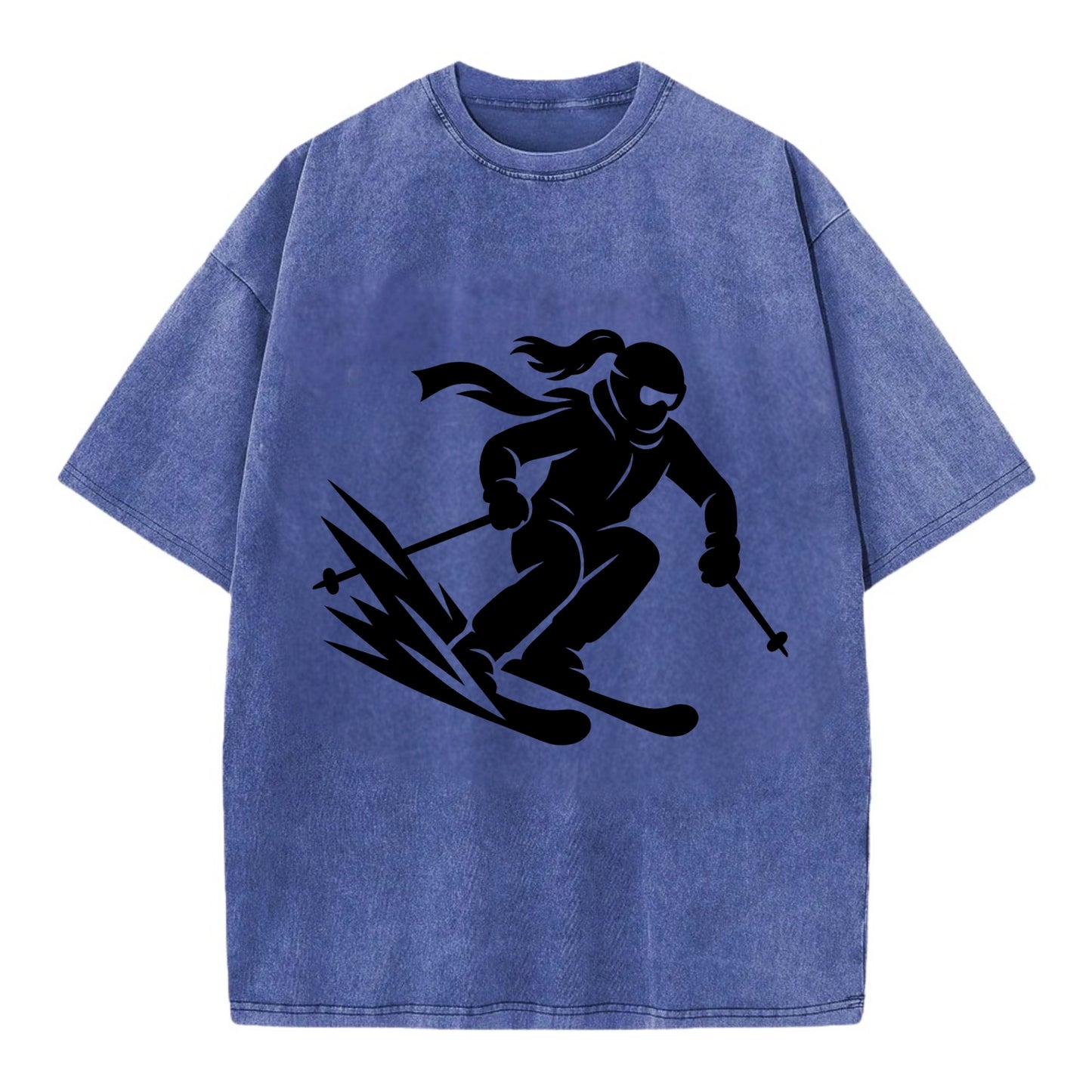 Skier carving down snowy slope - Vintage T-shirt - Blue