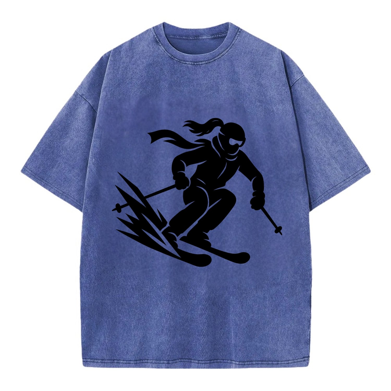 Skier carving down snowy slope - Vintage T-shirt - Blue