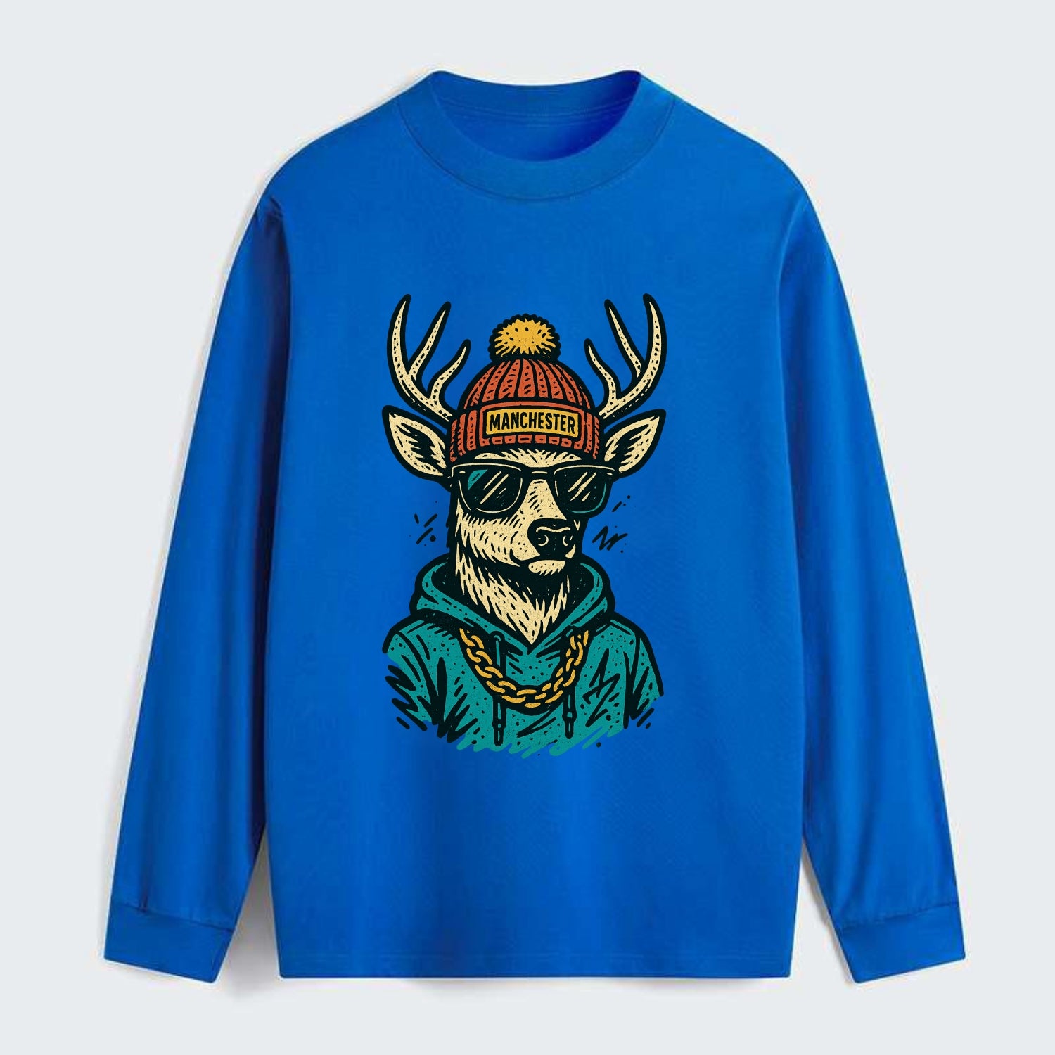 New Hampshire White-tailed Deer wearing Manchester beanie with pom pom - Classic Long Sleeve Shirt - Blue