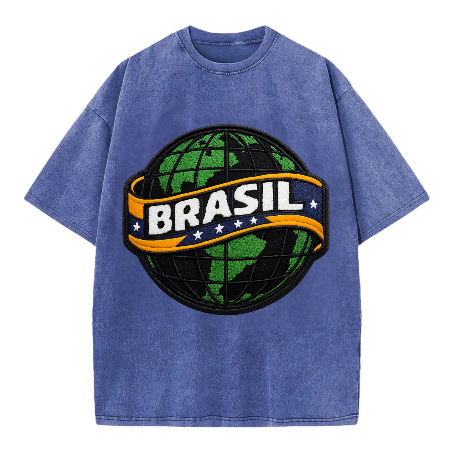BRAZILIAN FLAG GLOBE - green globe with banner in green yellow blue , Brasil - Vintage T-shirt - Blue