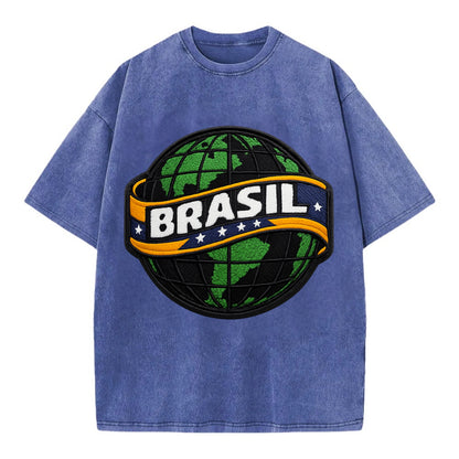 BRAZILIAN FLAG GLOBE - green globe with banner in green yellow blue , Brasil - Vintage T-shirt - Blue