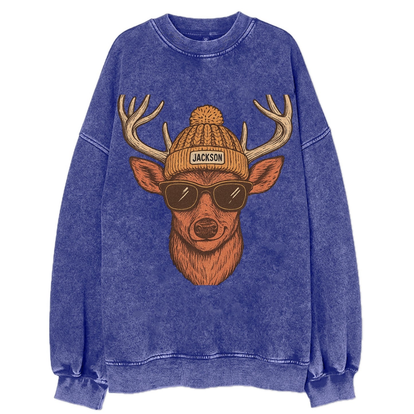 Mississippi White-tailed Deer wearing Jackson beanie with pom pom and wayfarer - Vintage Sweatshirt - Blue