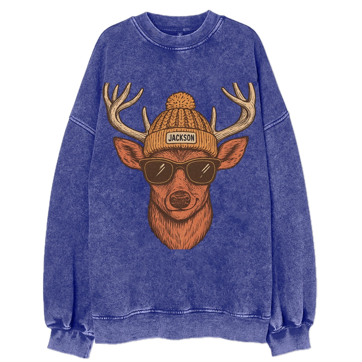 Mississippi White-tailed Deer wearing Jackson beanie with pom pom and wayfarer - Vintage Sweatshirt - Blue