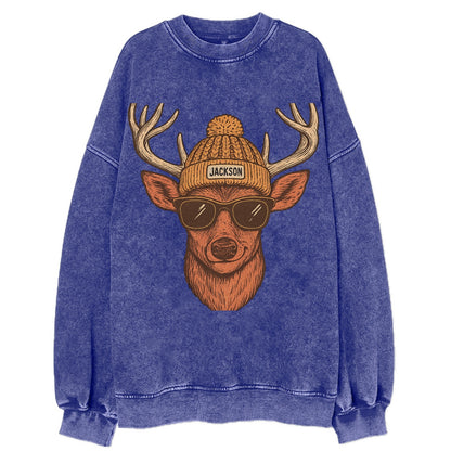 Mississippi White-tailed Deer wearing Jackson beanie with pom pom and wayfarer - Vintage Sweatshirt - Blue
