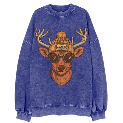 Mississippi White-tailed Deer wearing Jackson beanie with pom pom and wayfarer - Vintage Sweatshirt