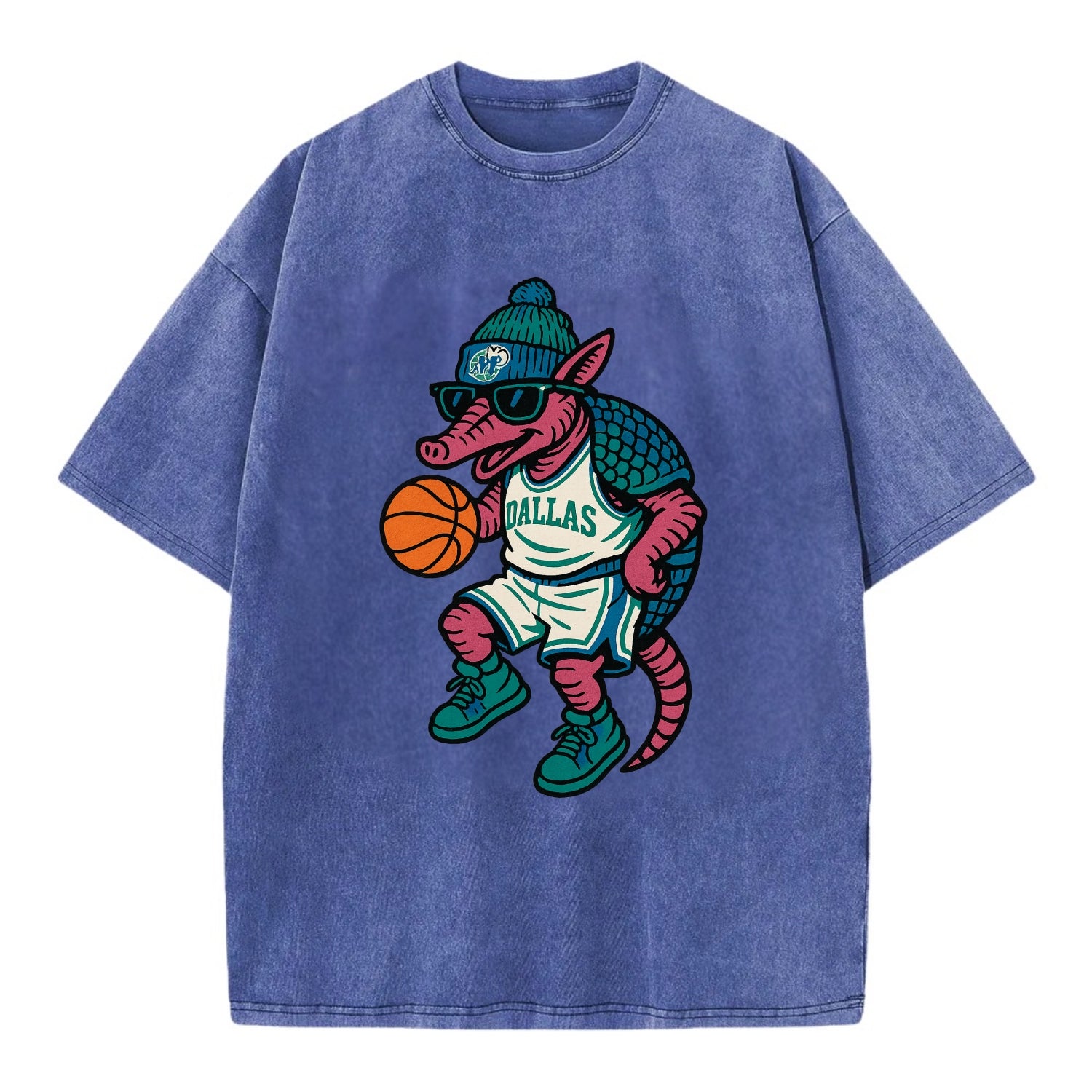 Dallas Armadillo wearing Mavericks beanie with cowboy hat patch and wayfarer - Vintage T-shirt - Blue
