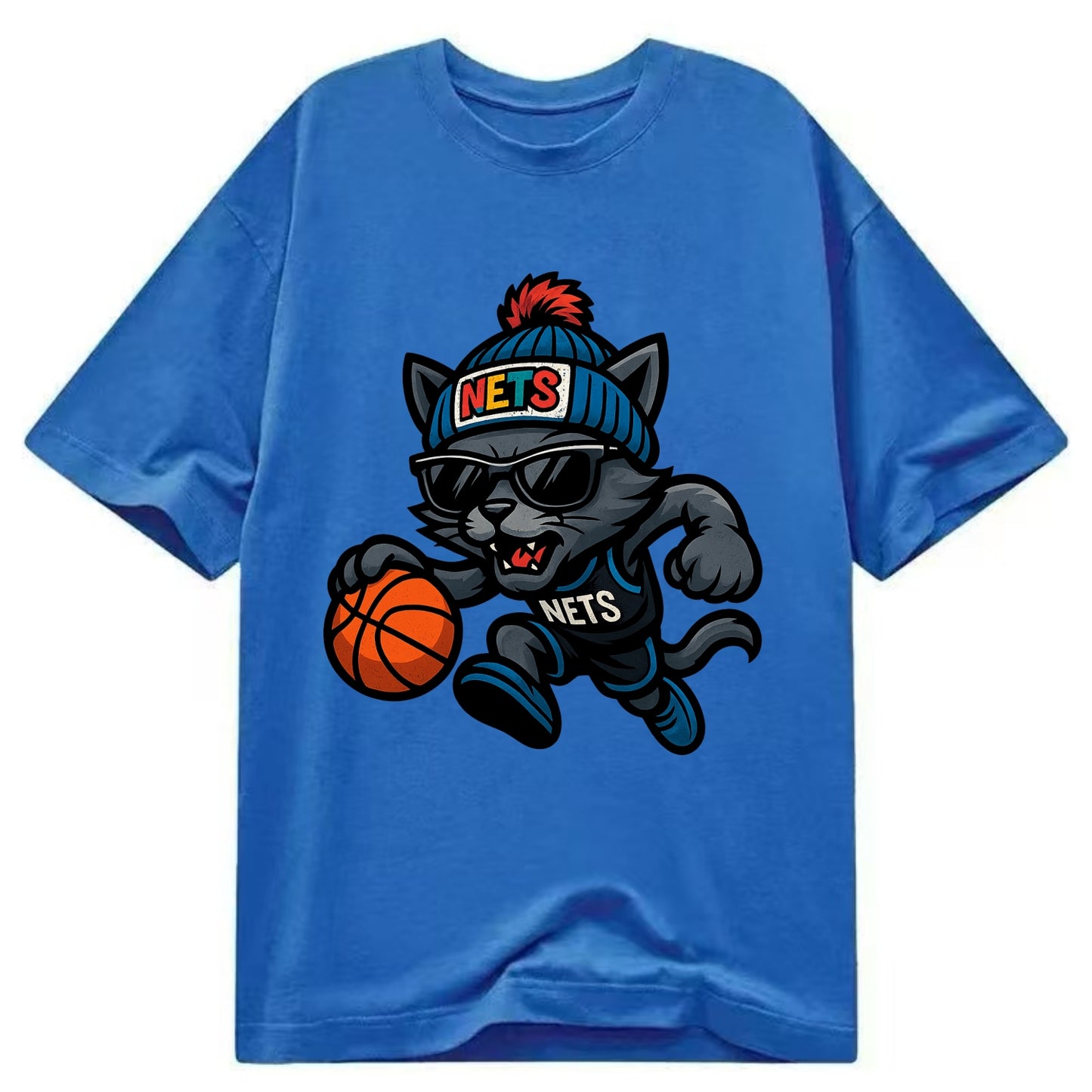 Brooklyn Cat wearing Nets beanie with street art patch and wayfarer sunglasses - Classic T-shirt - Blue