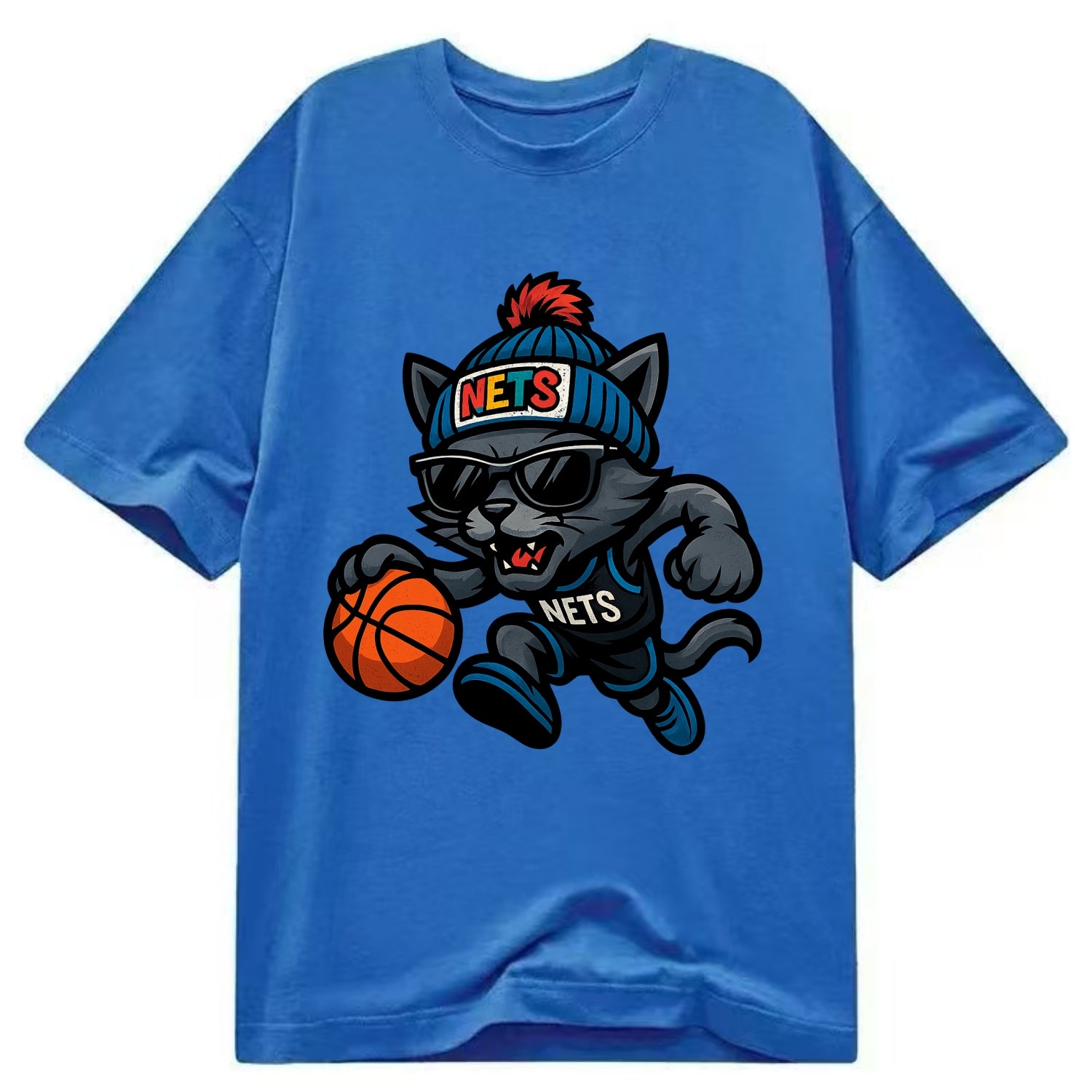 Brooklyn Cat wearing Nets beanie with street art patch and wayfarer sunglasses - Classic T-shirt - Blue