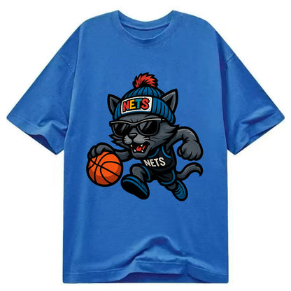 Brooklyn Cat wearing Nets beanie with street art patch and wayfarer sunglasses - Classic T-shirt - Blue