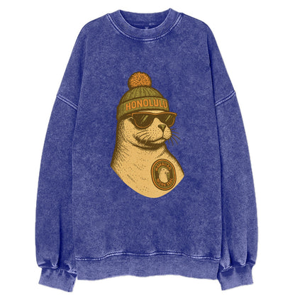Hawaii Monk Seal wearing Honolulu beanie with pom pom and wayfarer sunglasses - Vintage Sweatshirt - Blue