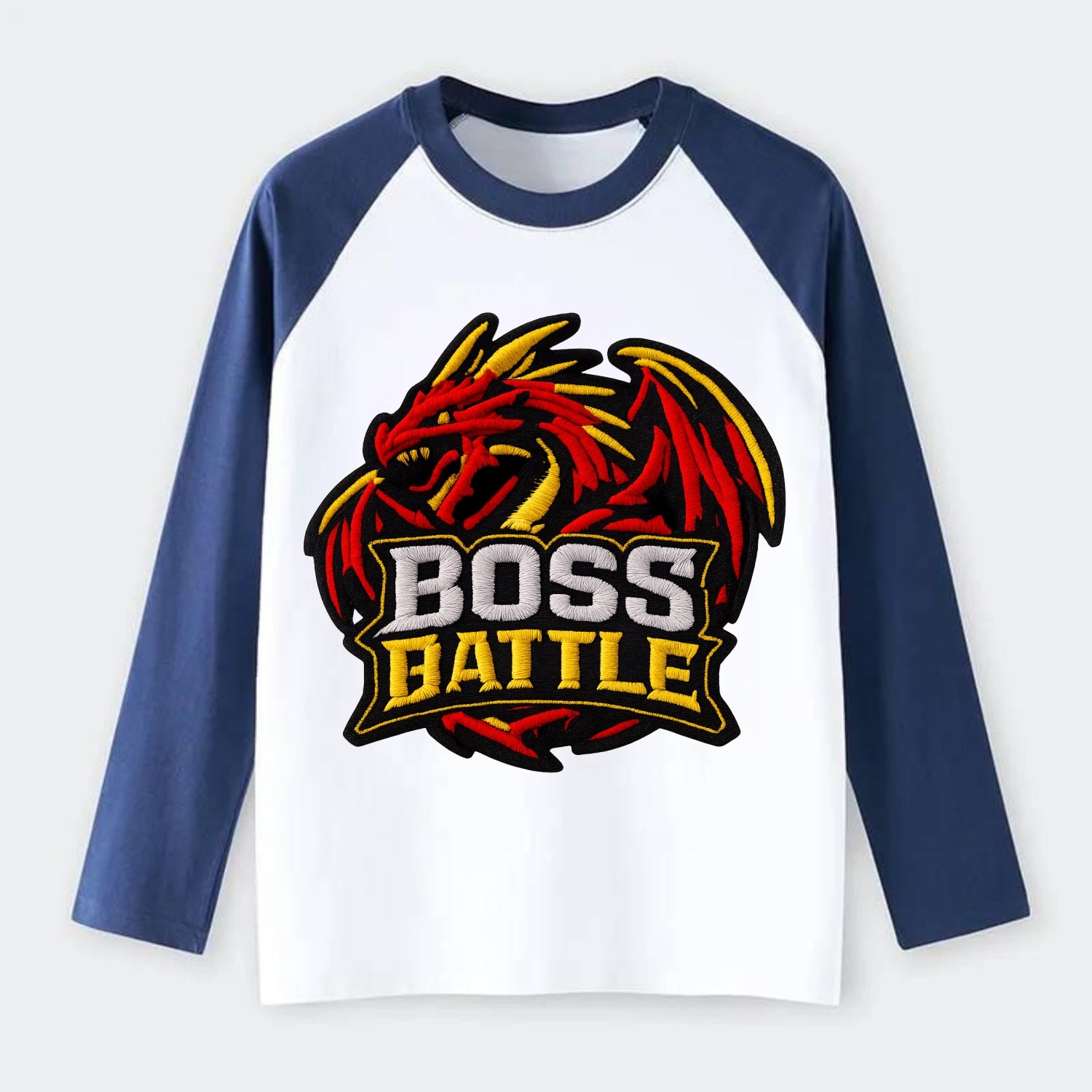 BOSS BATTLE - dragon silhouette in red and gold , raid - Raglan Long Sleeve T-Shirt - Blue