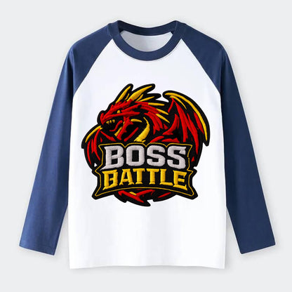 BOSS BATTLE - dragon silhouette in red and gold , raid - Raglan Long Sleeve T-Shirt - Blue