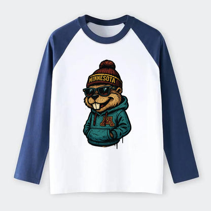 Minneapolis Gopher wearing Minnesota beanie with M patch - Raglan Long Sleeve T-Shirt - Blue