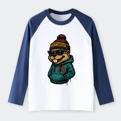 Minneapolis Gopher wearing Minnesota beanie with M patch - Raglan Long Sleeve T-Shirt