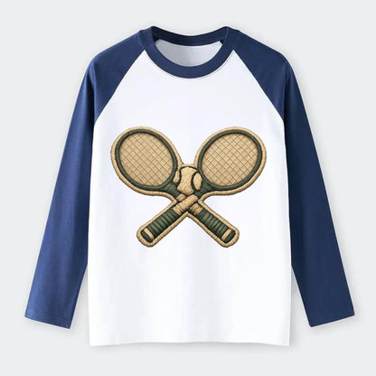 Embroidered patch design - TENNIS RACKET CROSSED - tennis rackets with - Raglan Long Sleeve T-Shirt - Blue