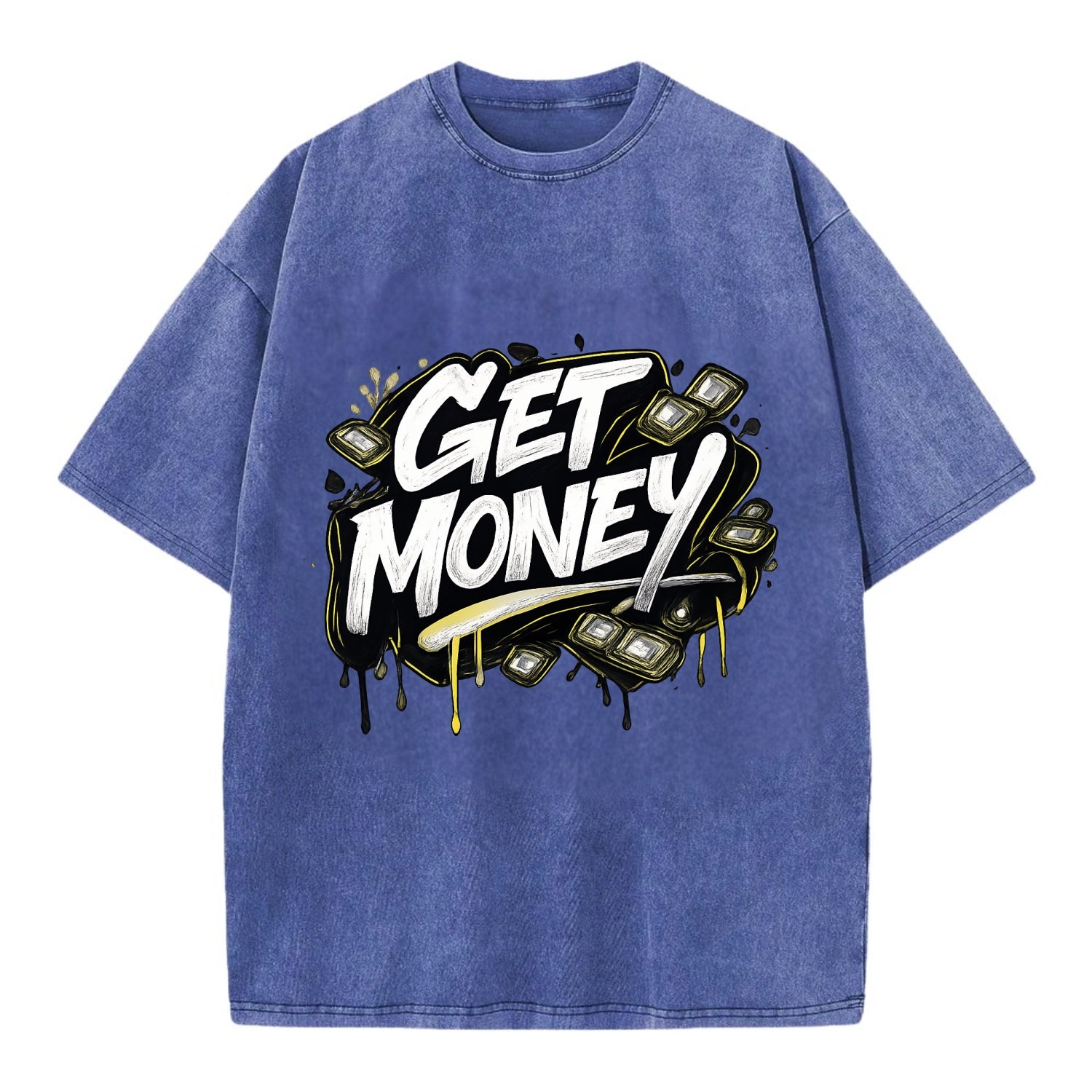 Bold typography design - "GET MONEY" - pursuit of wealth, earning - Vintage T-shirt - Blue