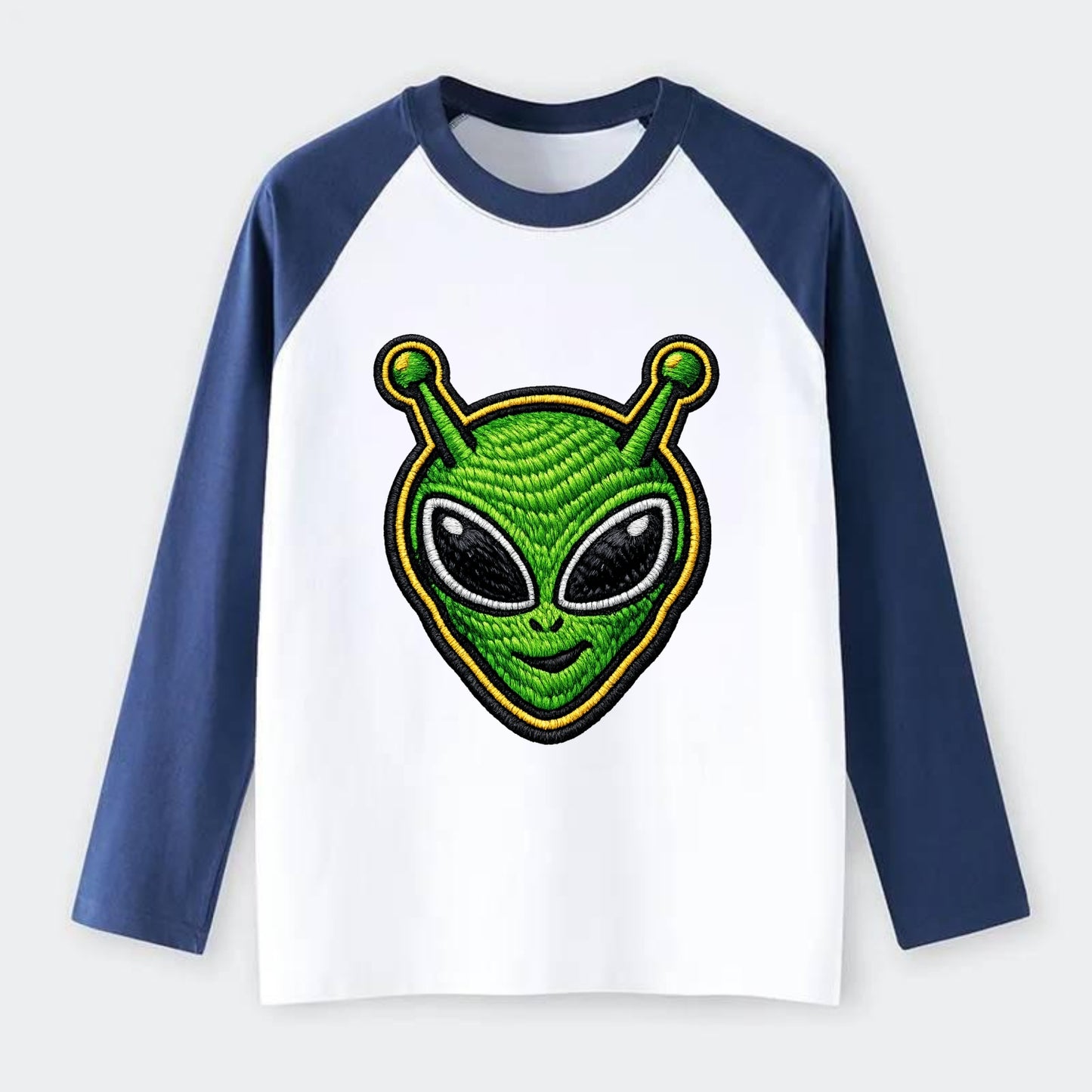 ALIEN MARTIAN - green alien with antenna in green , little green man - Raglan Long Sleeve T-Shirt - Blue