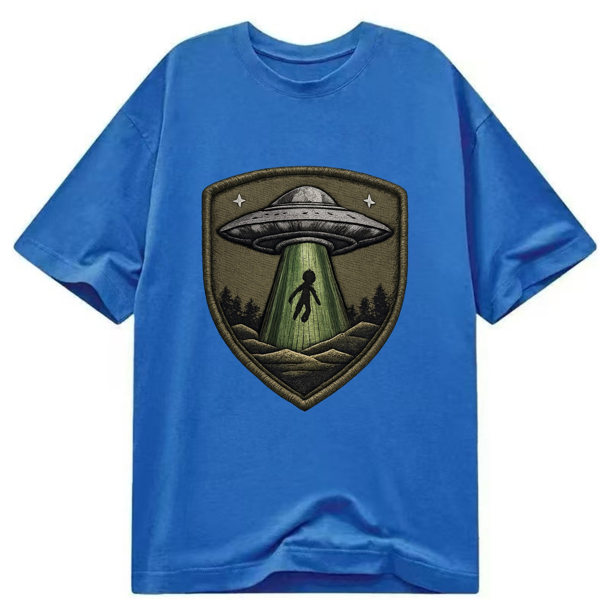 UFO ALIEN - flying saucer with beam in silver and green , extraterrestrial - Classic T-shirt - Blue