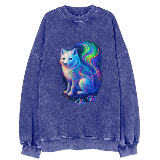 Graceful arctic fox with tail streaming aurora colors, white fur with - Vintage Sweatshirt - Blue