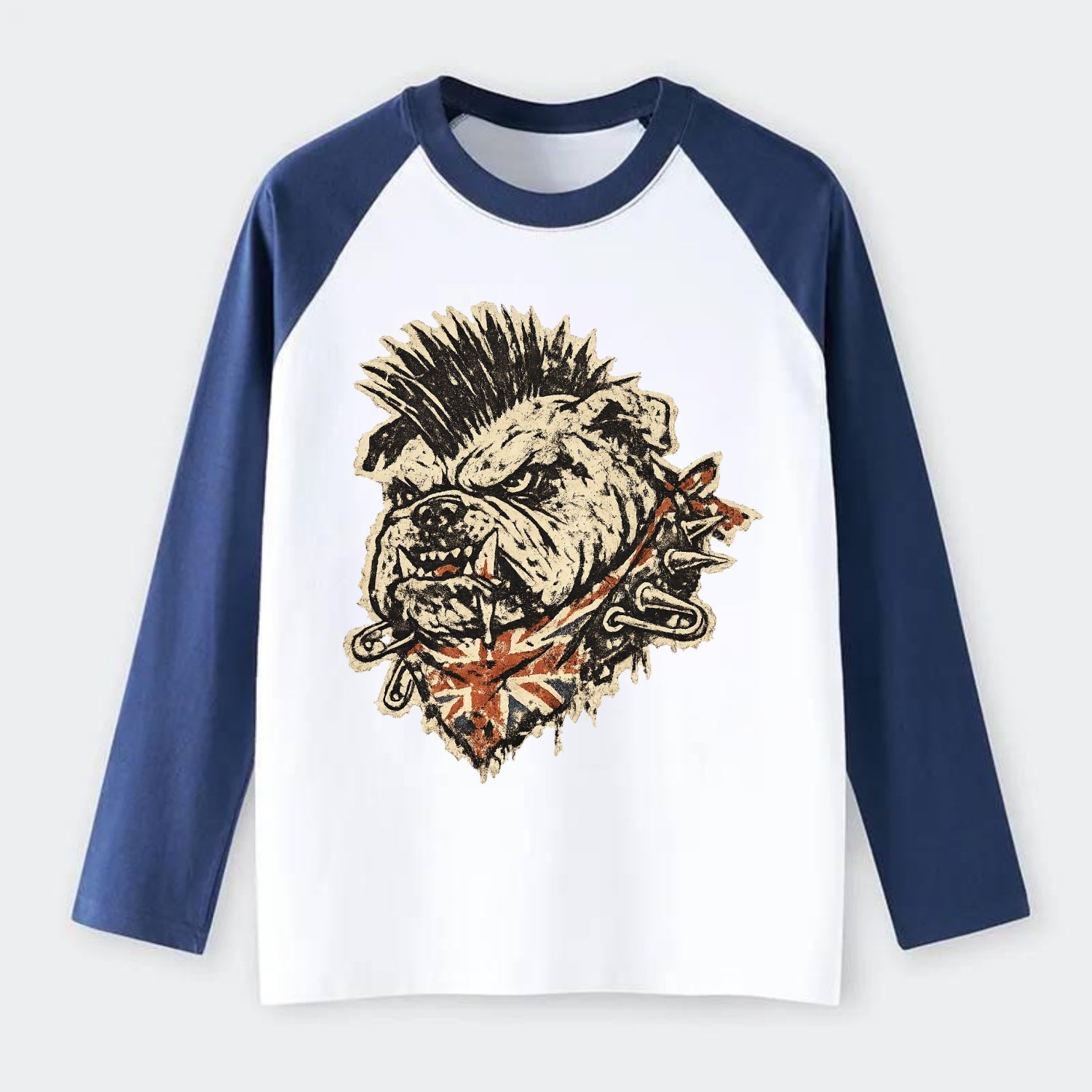PUNK BULLDOG | British bulldog with mohawk | Safety pins through - Raglan Long Sleeve T-Shirt - Blue