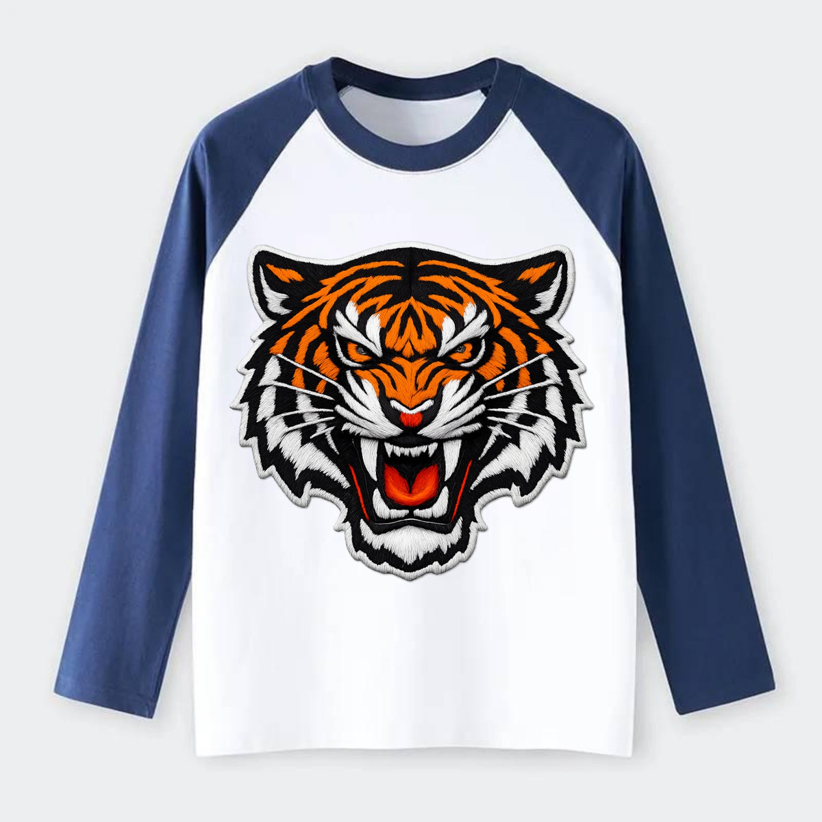 TIGER STRIPES FACE - fierce tiger face in orange, black and white , - Raglan Long Sleeve T-Shirt - Blue
