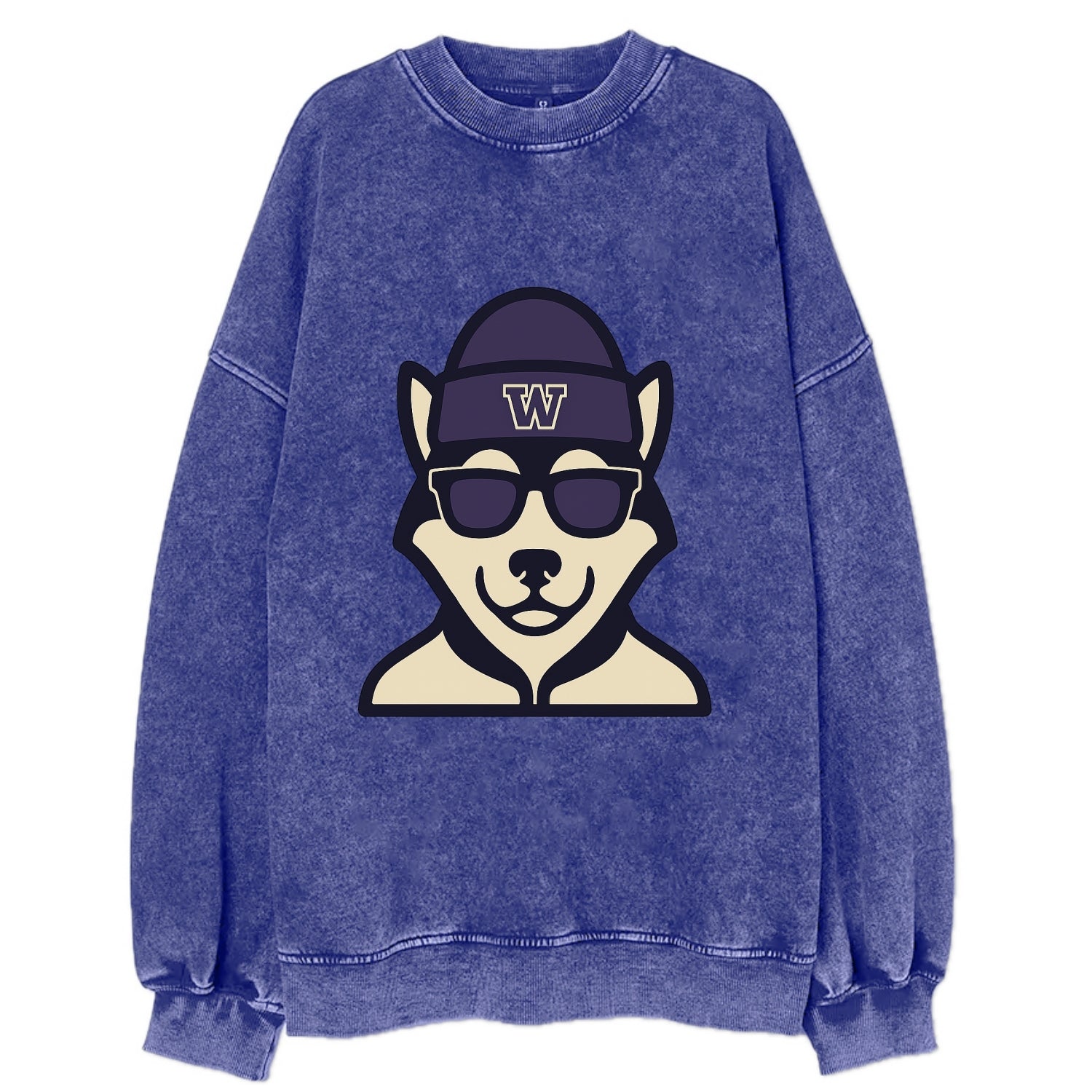 Seattle Husky wearing Washington beanie with W patch - Vintage Sweatshirt - Blue