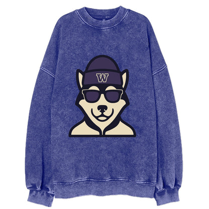 Seattle Husky wearing Washington beanie with W patch - Vintage Sweatshirt - Blue