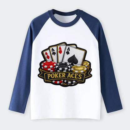 Embroidered patch design - POKER ACES - four aces with chips in red, - Raglan Long Sleeve T-Shirt - Blue
