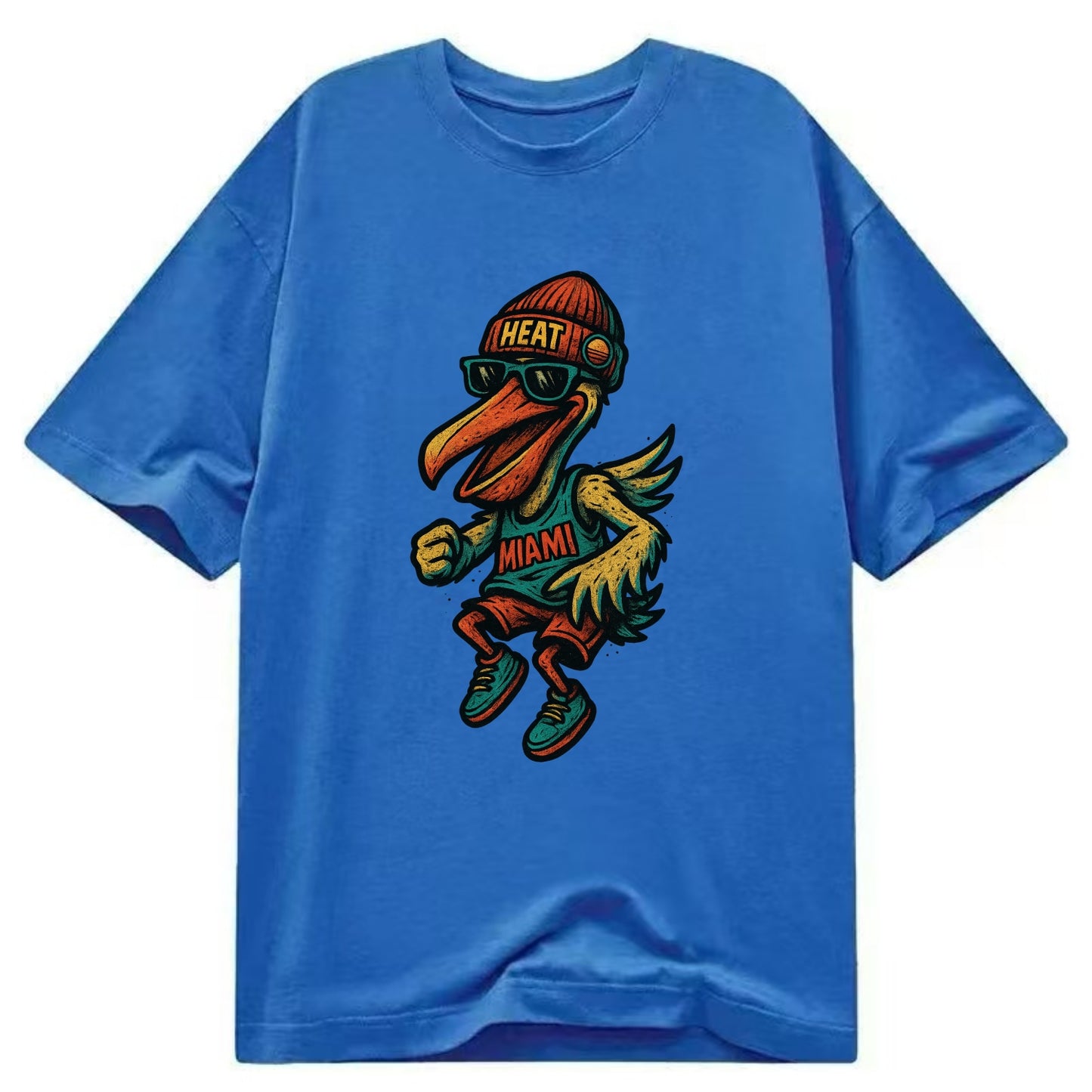 Miami Pelican wearing Heat beanie with sunset patch and wayfarer sunglasses - Classic T-shirt - Blue