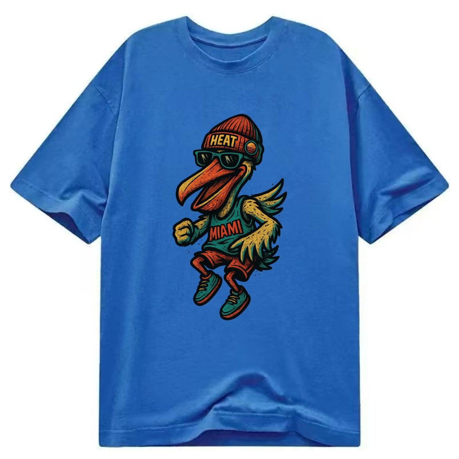 Miami Pelican wearing Heat beanie with sunset patch and wayfarer sunglasses - Classic T-shirt - Blue
