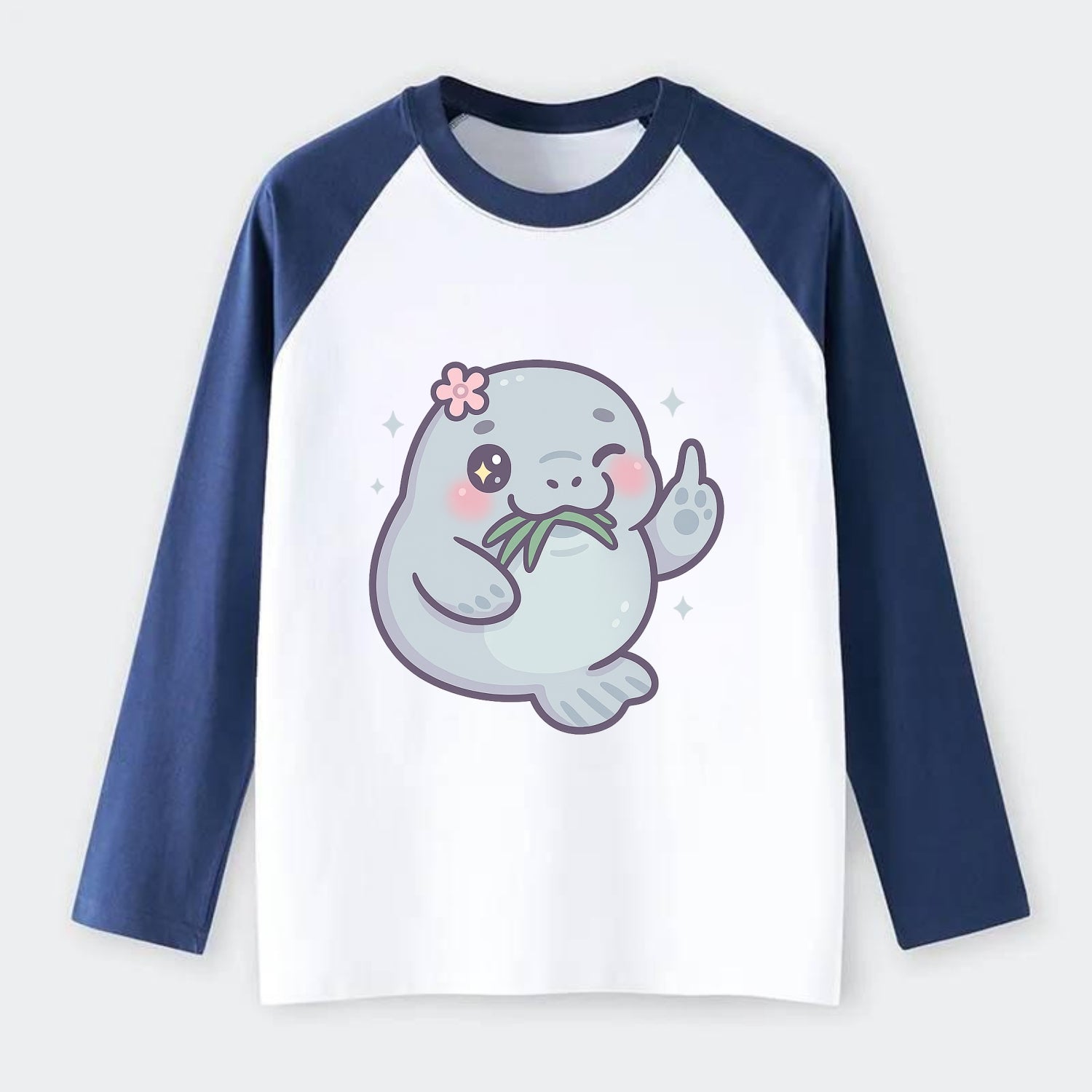 chubby manatee munching on seagrass, one flipper raised with sass - Raglan Long Sleeve T-Shirt - Blue