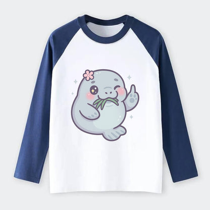 chubby manatee munching on seagrass, one flipper raised with sass - Raglan Long Sleeve T-Shirt - Blue