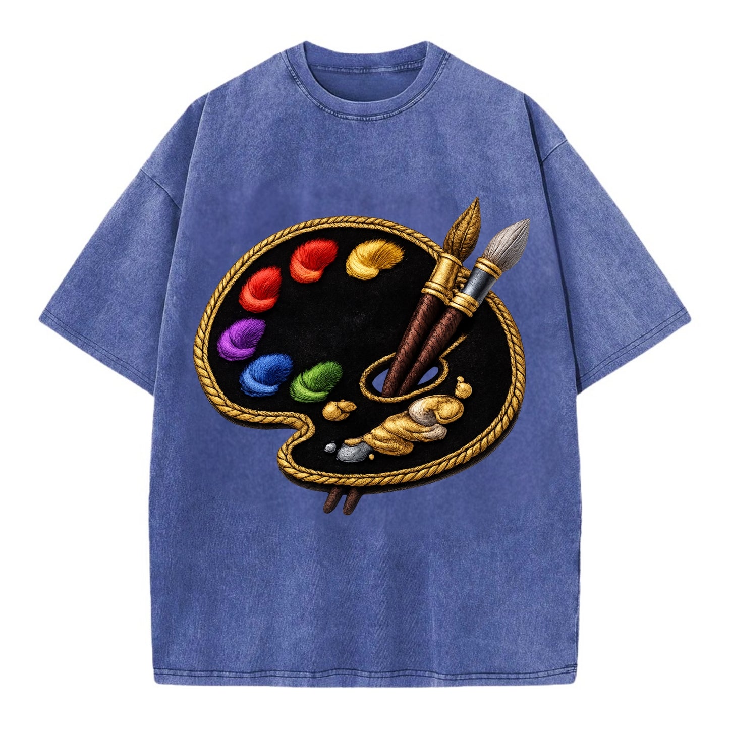 Embroidered patch design - PAINT PALETTE - artist palette with brushes in rainbow - Vintage T-shirt - Blue