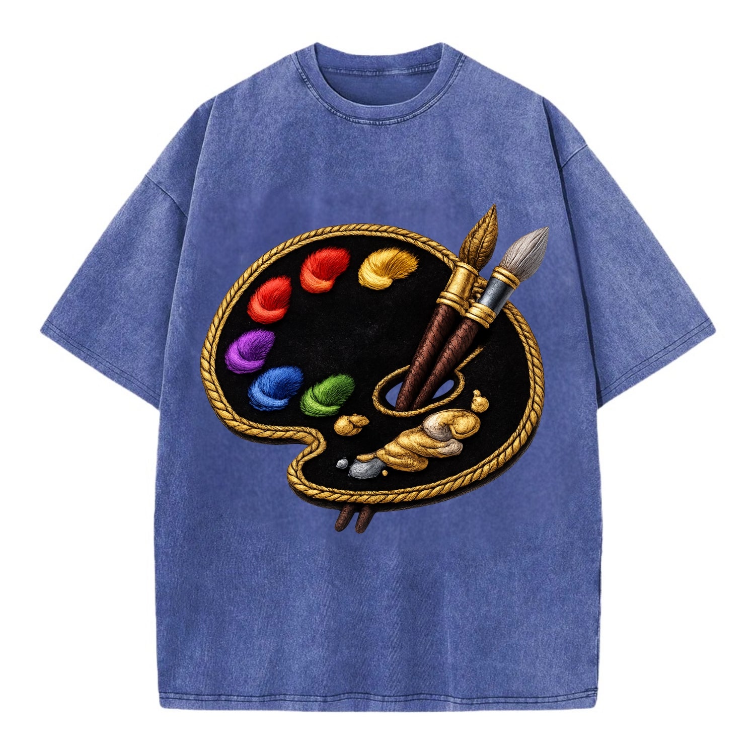 Embroidered patch design - PAINT PALETTE - artist palette with brushes in rainbow - Vintage T-shirt - Blue