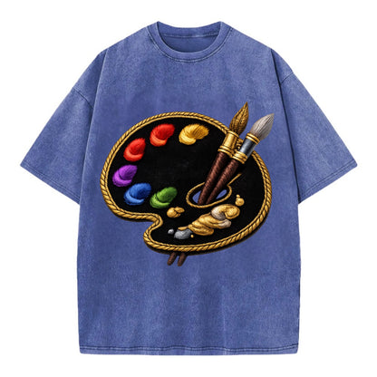 Embroidered patch design - PAINT PALETTE - artist palette with brushes in rainbow - Vintage T-shirt - Blue