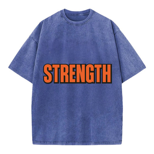 Bold typography design - "STRENGTH" - inner power, resilience, fortitude - Vintage T-shirt - Blue