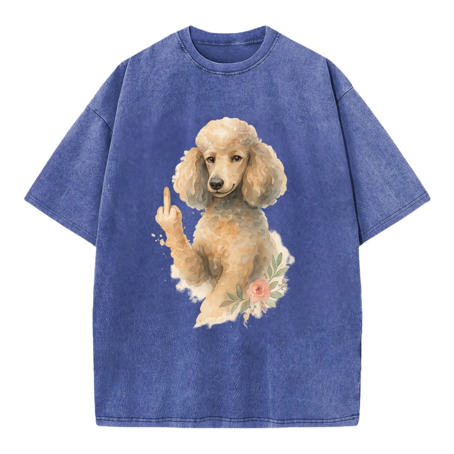 Standard Poodle with curly styled coat, intelligent face, fancy paw giving finger - Vintage T-shirt - Blue