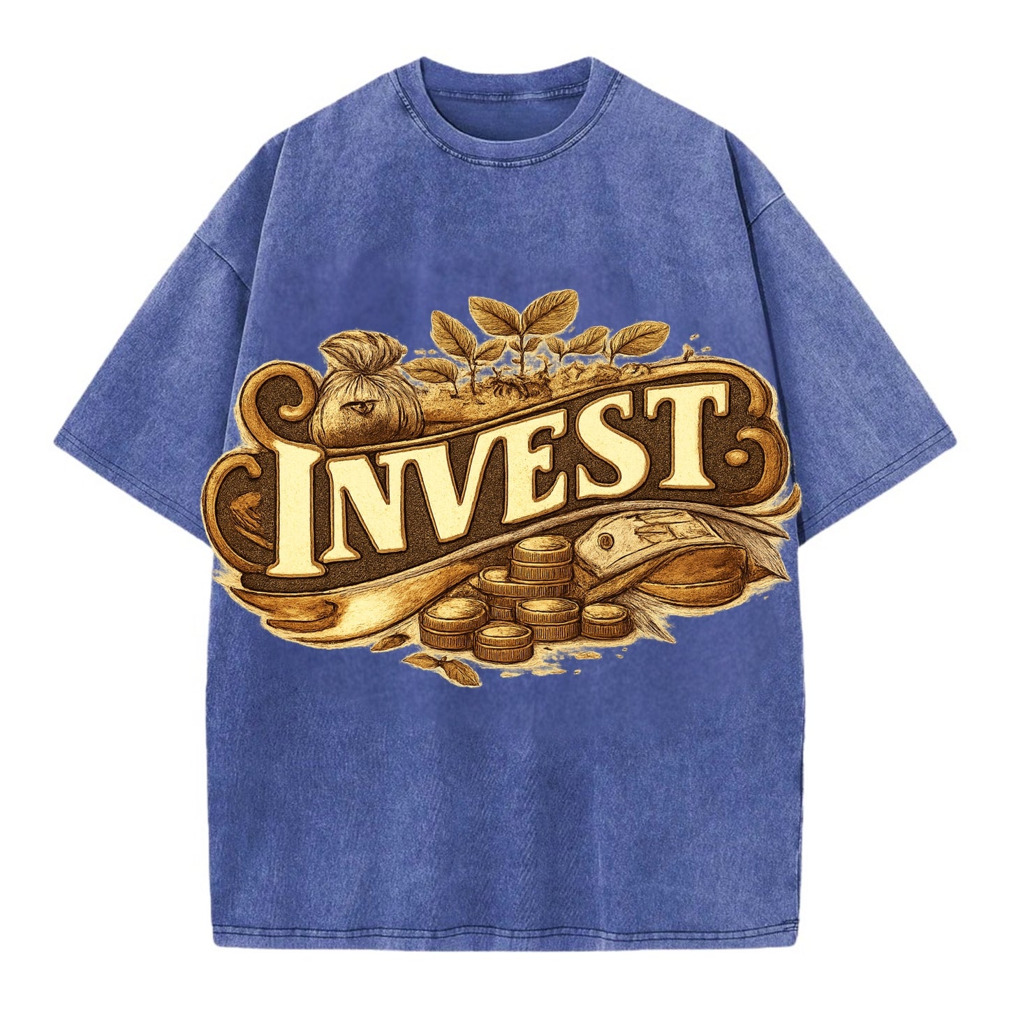 Bold typography design - "INVEST" - growing money, smart decisions - Vintage T-shirt - Blue