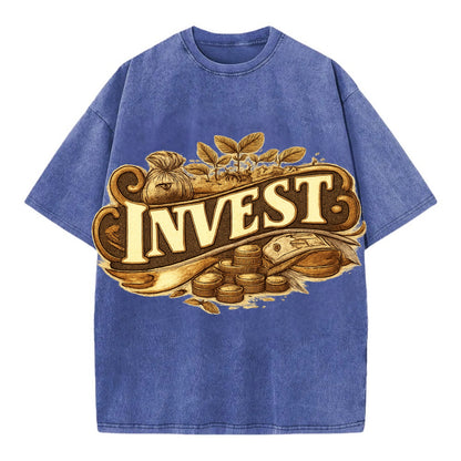 Bold typography design - "INVEST" - growing money, smart decisions - Vintage T-shirt - Blue