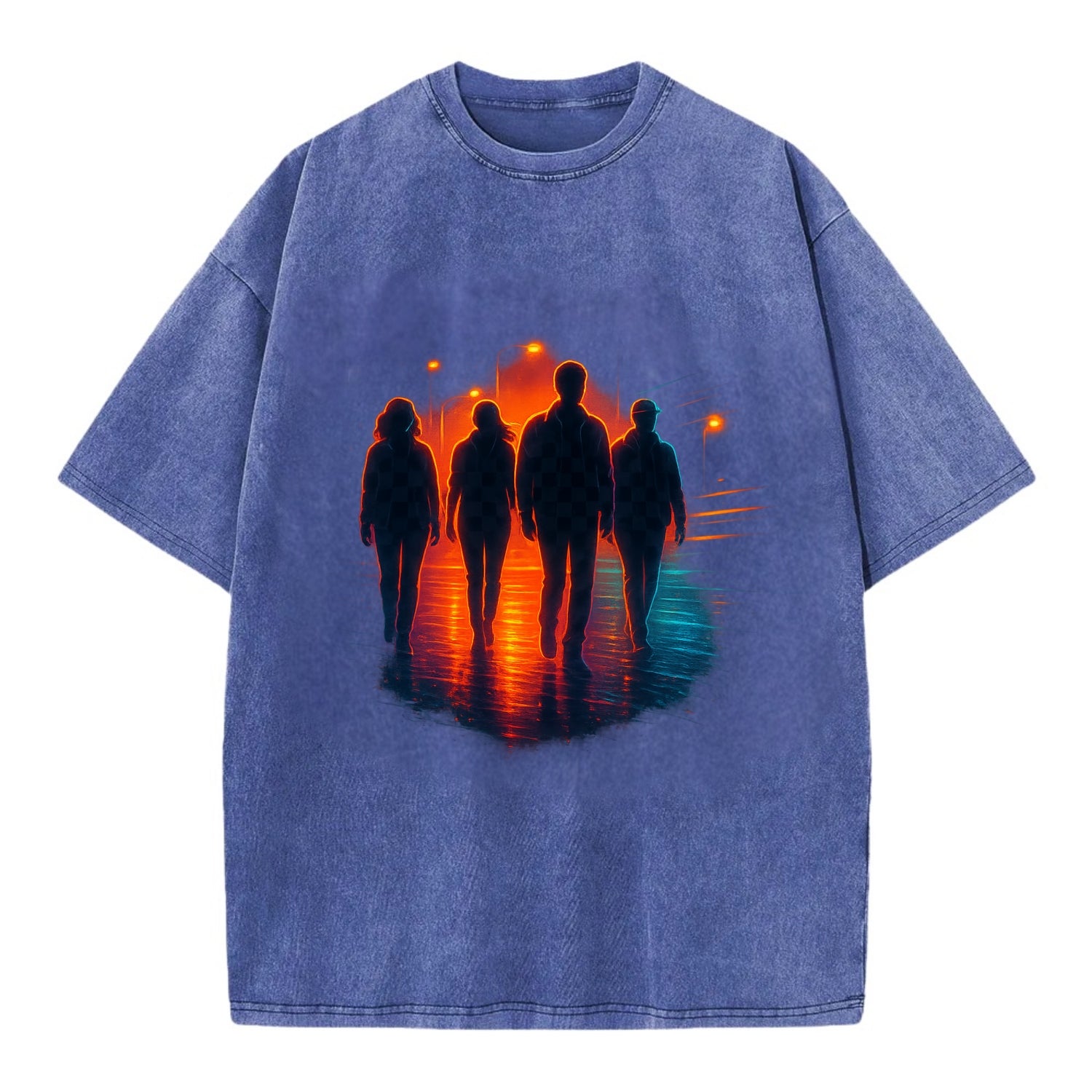gang of silhouettes walking together at sunset by the beach - Vintage T-shirt - Blue