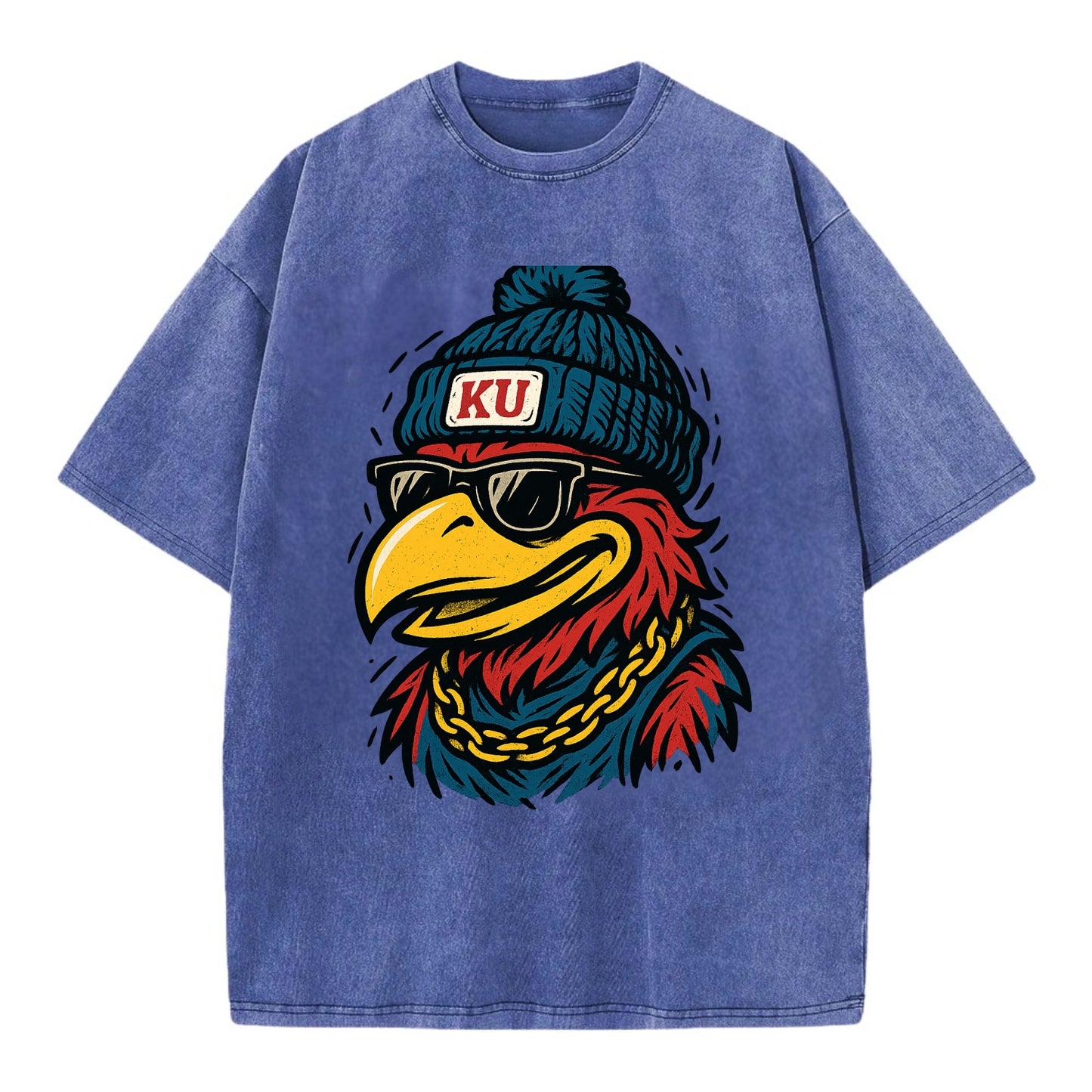 Lawrence Jayhawk wearing Kansas beanie with KU patch - Vintage T-shirt - Blue