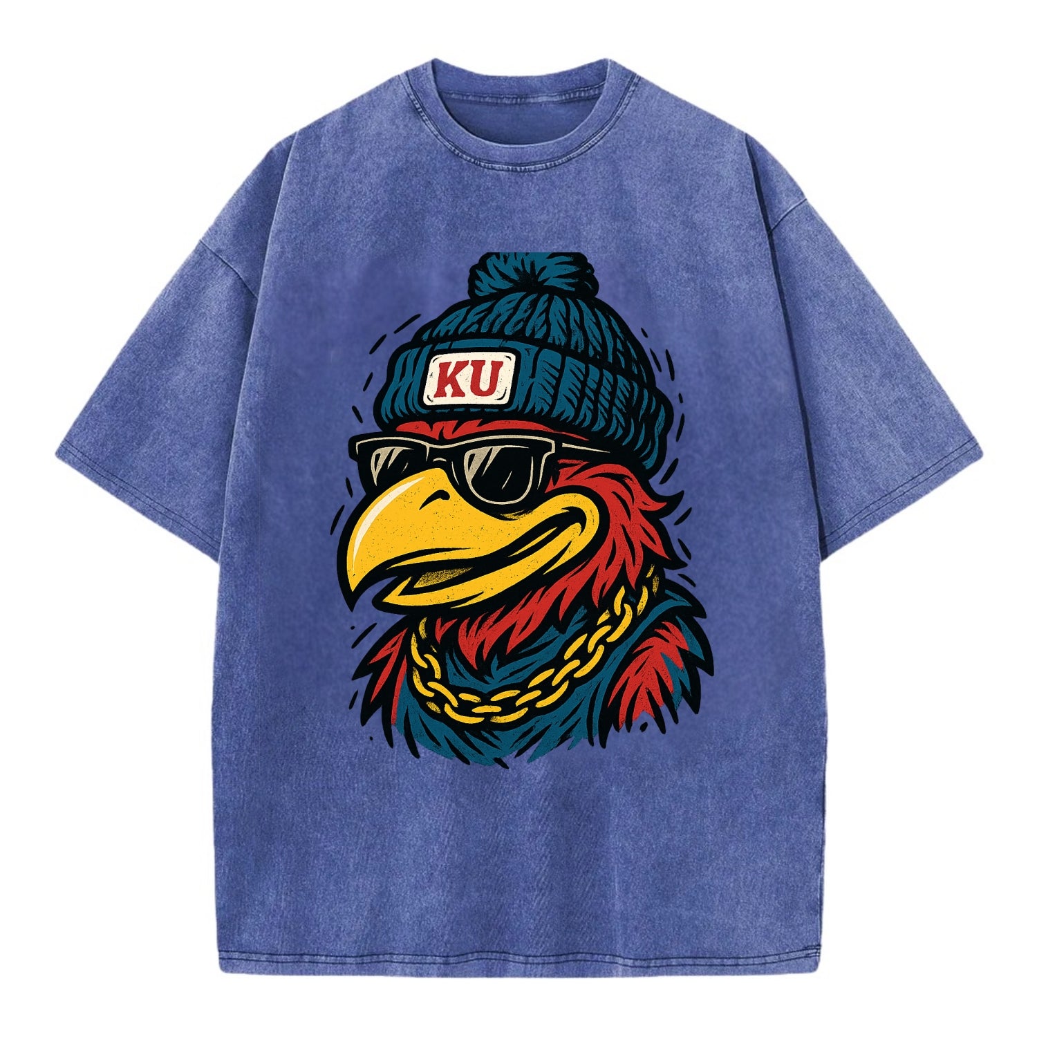 Lawrence Jayhawk wearing Kansas beanie with KU patch - Vintage T-shirt - Blue