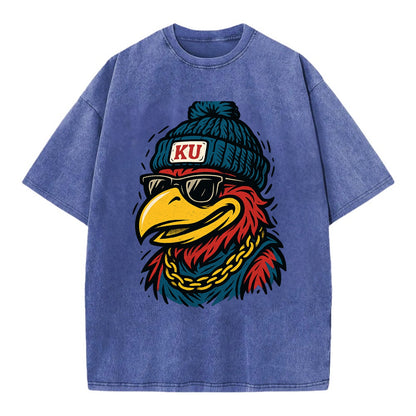 Lawrence Jayhawk wearing Kansas beanie with KU patch - Vintage T-shirt - Blue