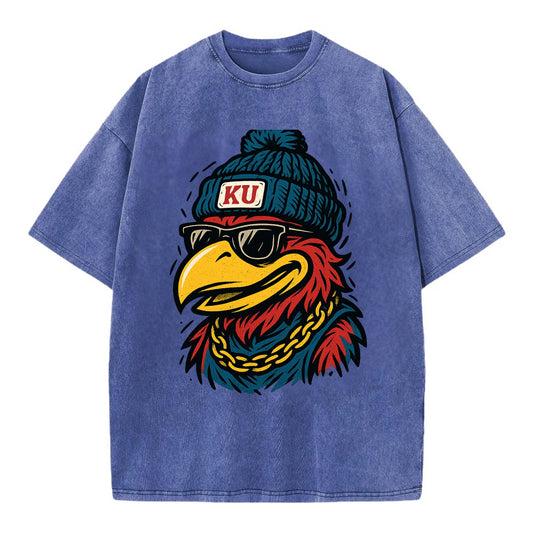 Lawrence Jayhawk wearing Kansas beanie with KU patch - Vintage T-shirt - Blue