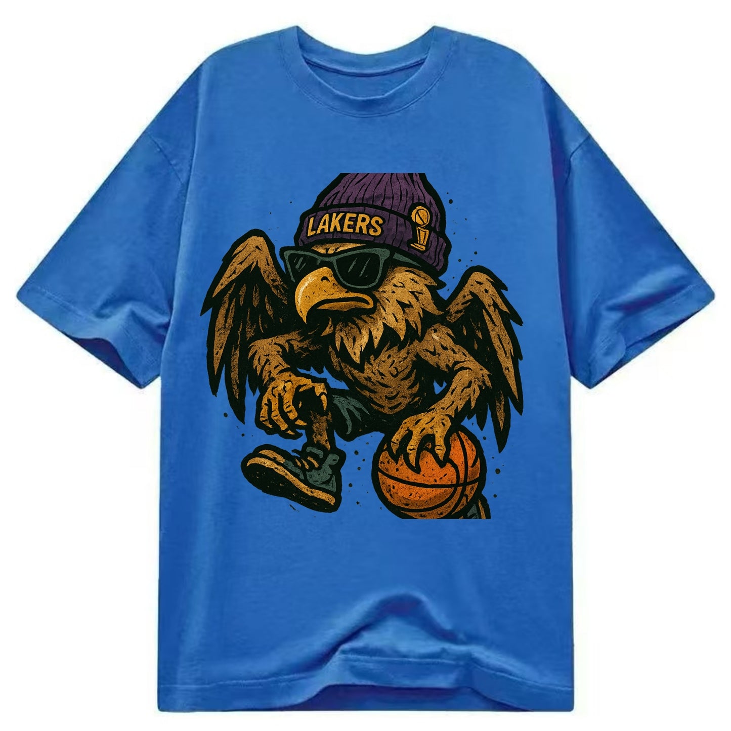 Los Angeles Golden Eagle wearing Lakers beanie with trophy patch and wayfarer - Classic T-shirt - Blue