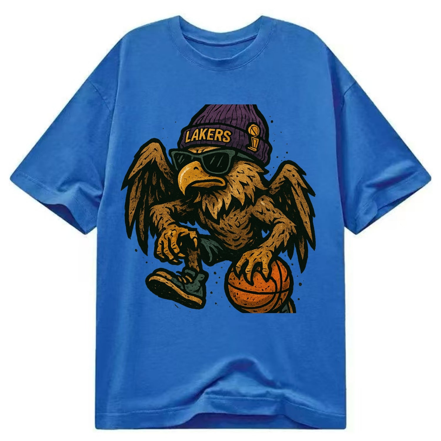 Los Angeles Golden Eagle wearing Lakers beanie with trophy patch and wayfarer - Classic T-shirt - Blue