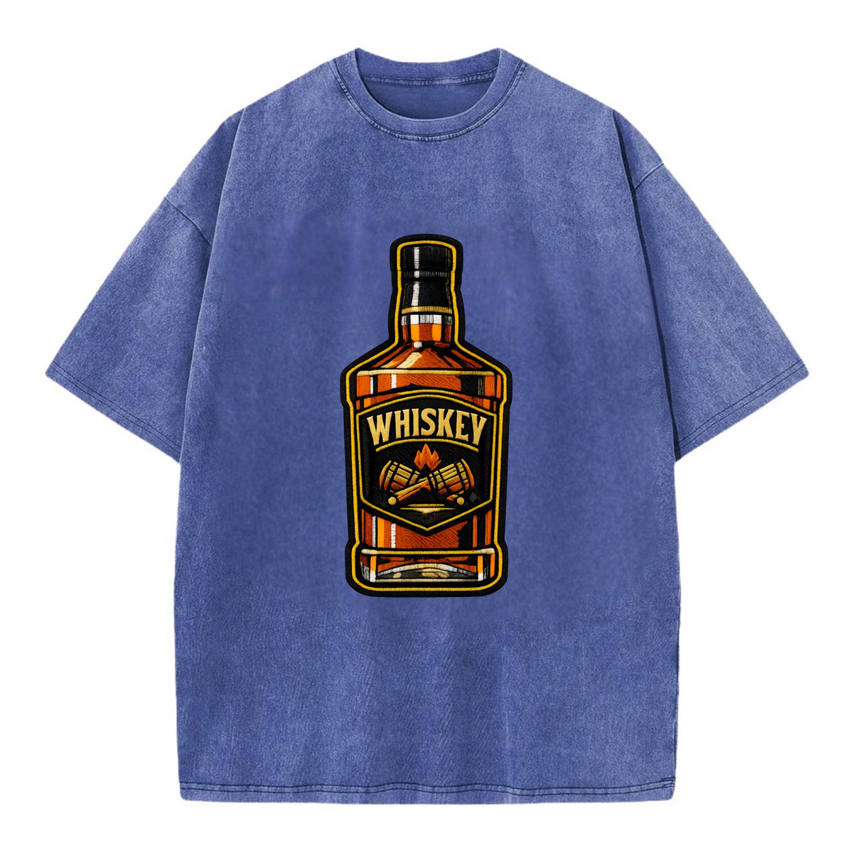 WHISKEY BOTTLE - bourbon bottle in amber and gold , spirits connoisseur - Vintage T-shirt - Blue