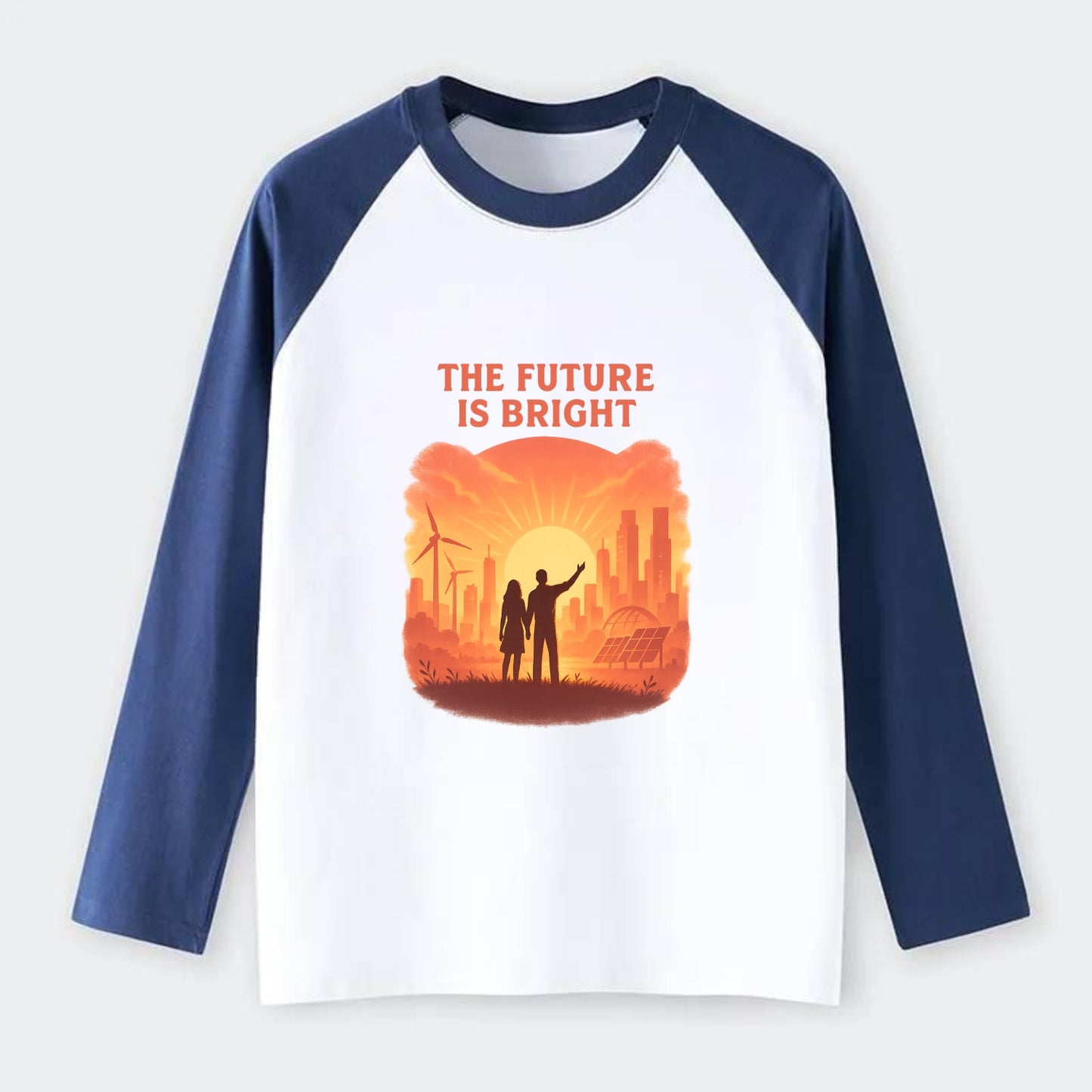 Sunrise over thriving sustainable city - "The Future is Bright" - - Raglan Long Sleeve T-Shirt - Blue
