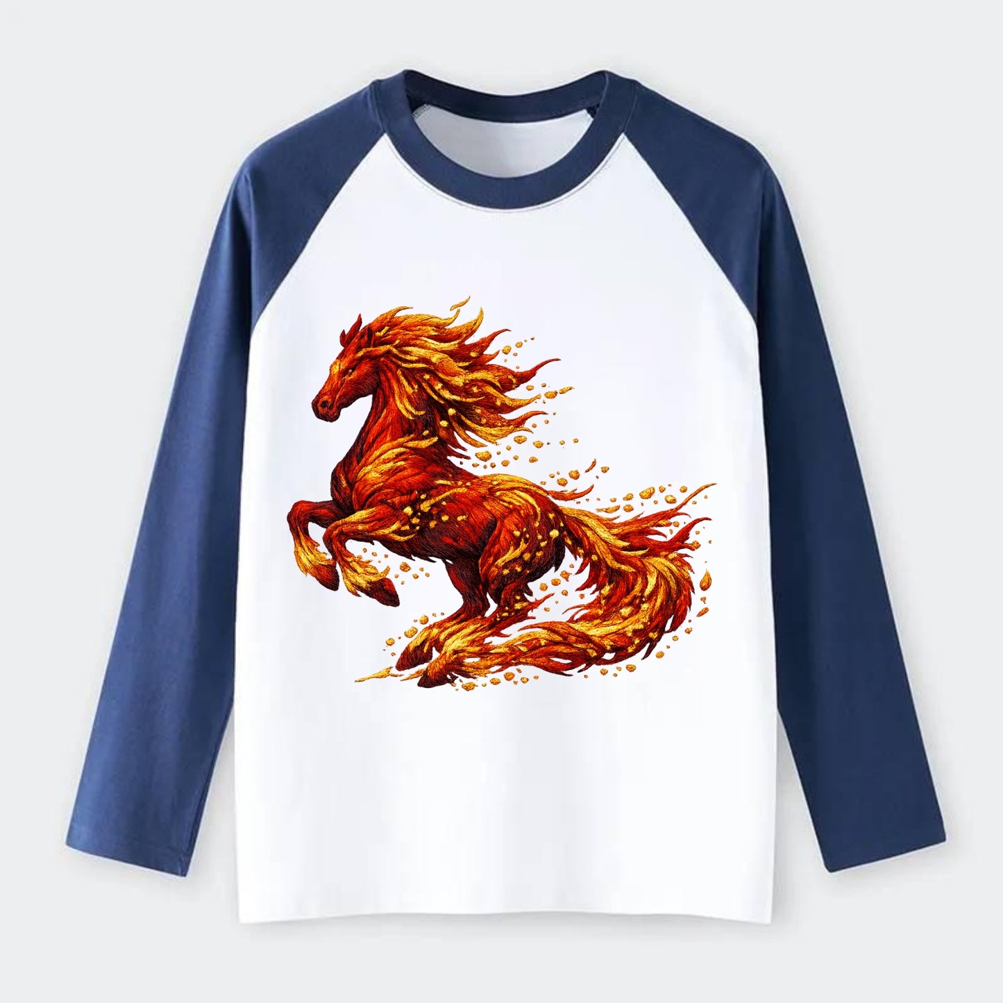 EMBER RISING | Sparks forming into horse shape | Particles of fire | - Raglan Long Sleeve T-Shirt - Blue